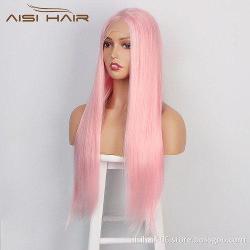 Aisi Hair 26 Inch Long Silky Straight Pink Wig Natural Straight Swiss Lace Wig Middle Part Lace Frontal Wigs For Black Women